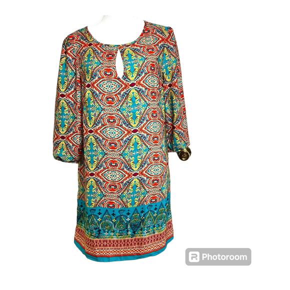 Bebop Be You Be Free Dress SZ L Keyhole 3/4 Sleeves Aqua Multi Color Tribal - Picture 1 of 12
